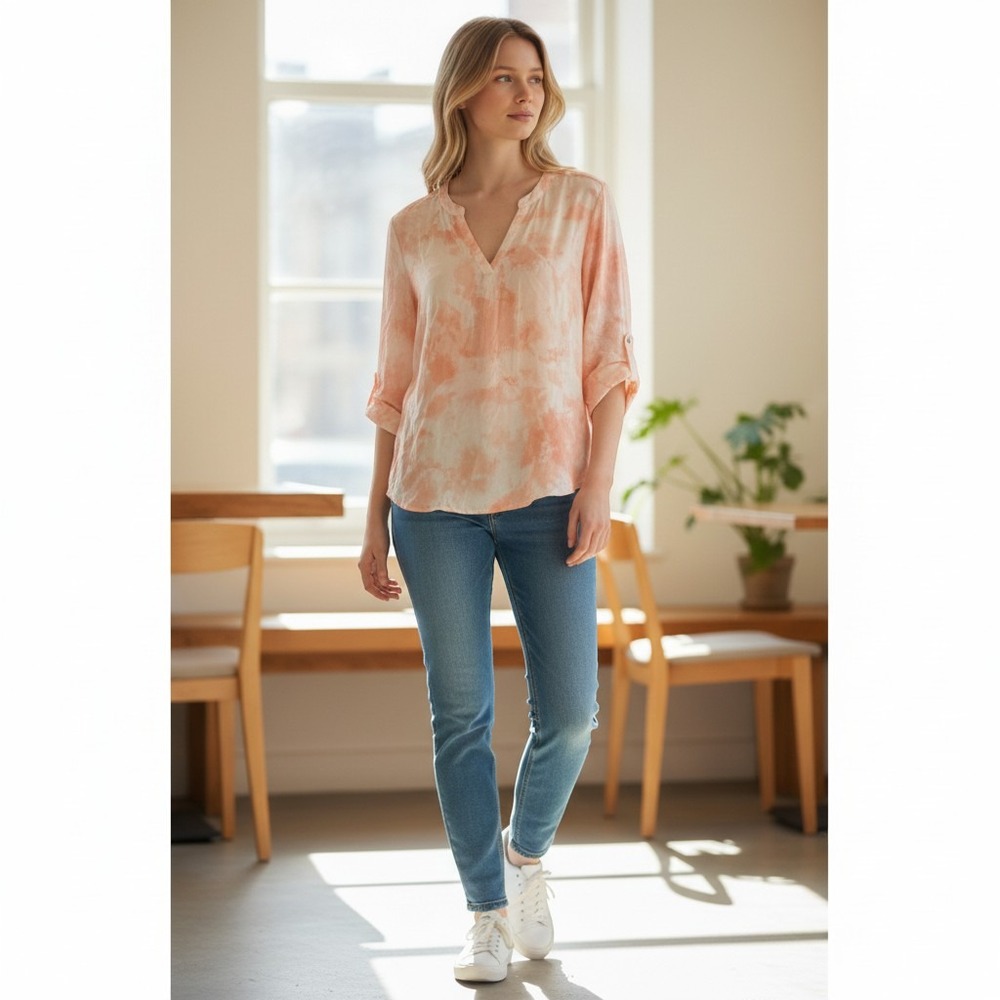 Maurices Peach White Tie Dye V-Neck Women's Sheer Roll Tab Sleeve Blouse Large